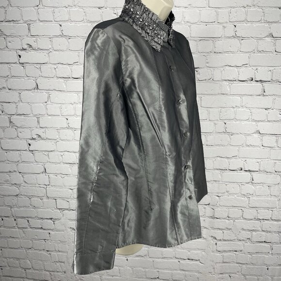 Lafayette 148 Grey Metallic 100% Silk Button Embellished Collar Shirt 8 *tear - Picture 8 of 11